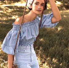 PORRIDGE Anthropologie Blue Denim "Ruby" Off Shoulder Puff Sleeve Crop Top Sz M