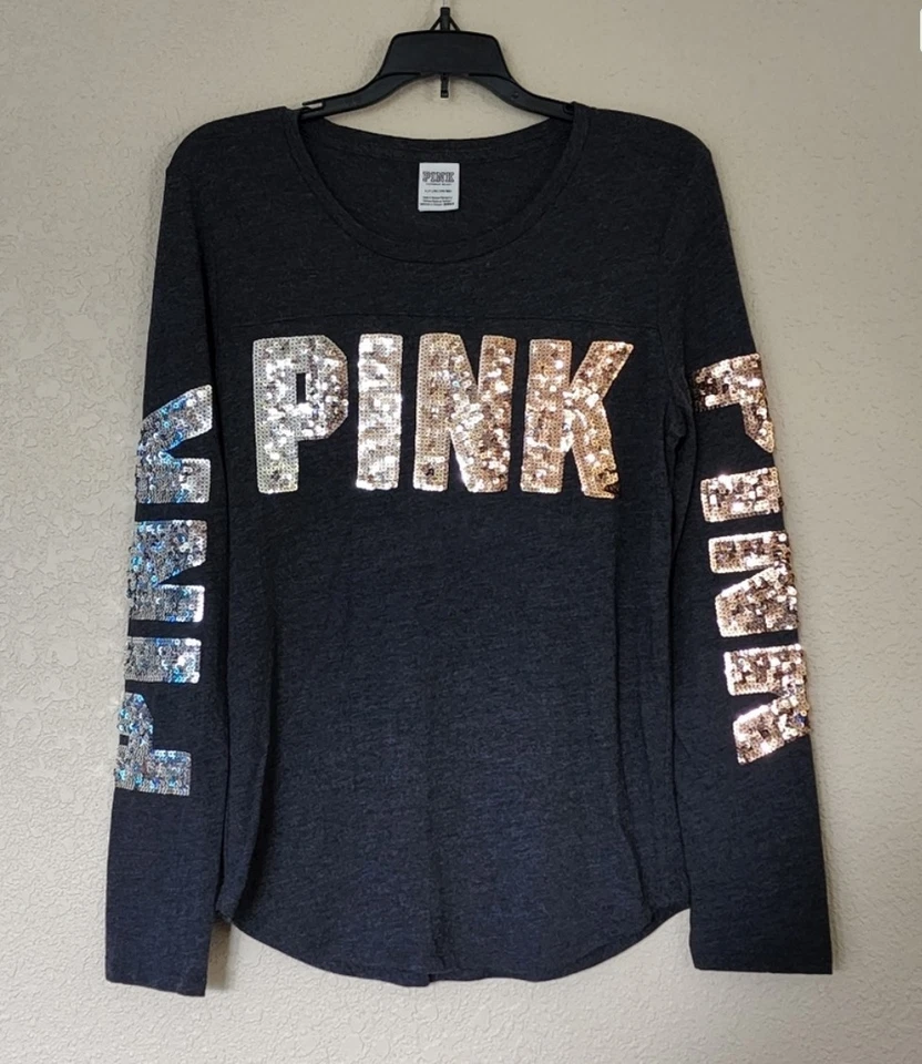 Victoria’s Secret PINK Sequin Long Sleeve Shirt Large Logo Vintage Gold Silver - Image 2 of 4