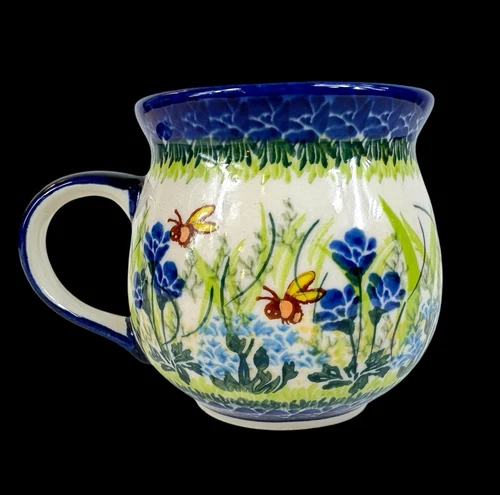 Bubble Mug UNIKAT Polish Pottery 12 oz Blue Floral Bumble Bees BEAUTIFUL