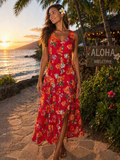 Vintage 90s Tropical Floral Maxi Dress Sz XS Boho Beach Resort Wear Sleeveless