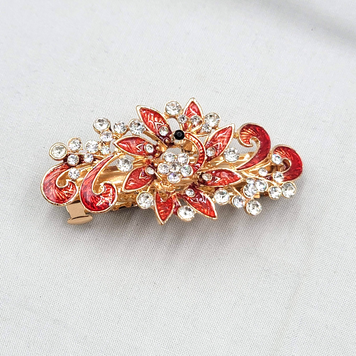 Hair Barrette Rhinestone Peacock Red Enamel Sparkle Gold  display picture 2