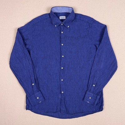 Sorrento 100% Linen Flax Button Down Dress Shirt Mens XL Deep Blue Made in Italy