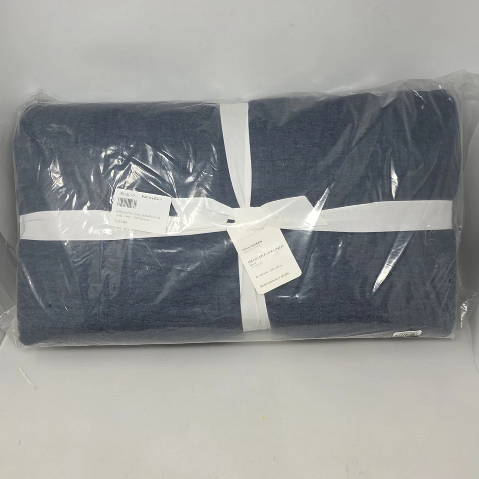 Pottery Barn Belgian Flax Linen Handcrafted  Full Queen Quilt Denim - Image 3 of 3