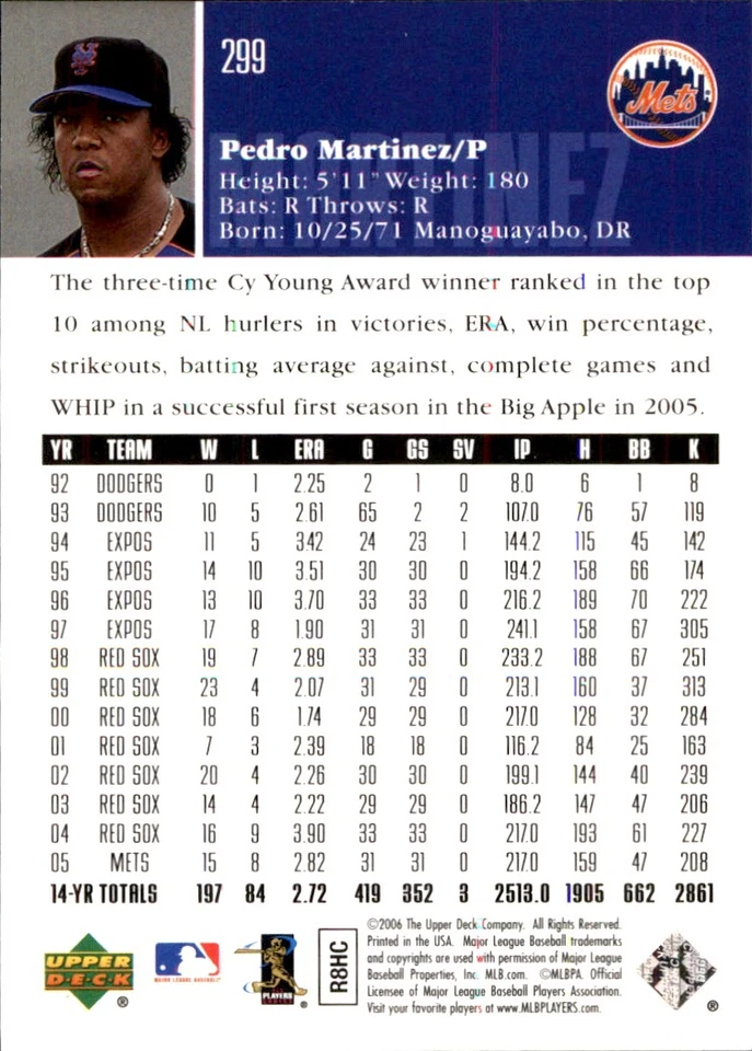 Pedro Martinez 2006 Upper Deck #299 New York Mets FREE SHIPPING AutographDen - Image 2 of 2