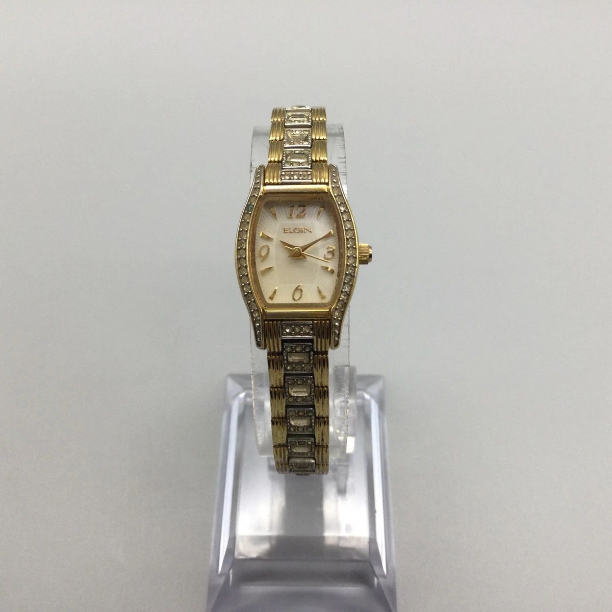 Elgin Watch Women Gold Silver Dual Tone Pave Bezel Rectangle New
