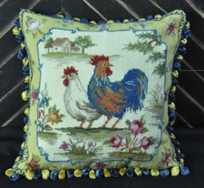 Needlepoint Throw Pillow Cover French Country Rooster & Cottage Cushion 16x16