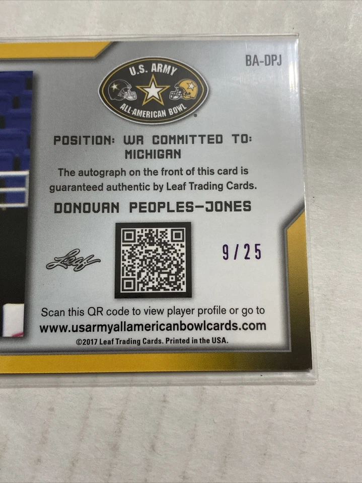 2017 LEAF METAL DONOVAN PEOPLES-JONES PURPLE US ARMY AUTO /25 BROWNS MICHIGAN! - Image 3 of 3