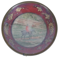 Antique Metal Tole Painted Dish Bowl Compote Equestrian Horse Fox Hunt 4.5"