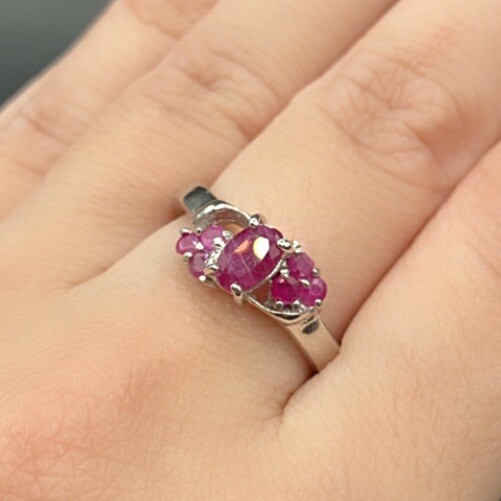 Sterling Silver 925 Natural Red Ruby Oval Cluster… - image 1