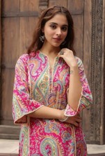 Pink Paisley Printed Straight Kurta Indian Women Bollywood Ladies Dress Tunic
