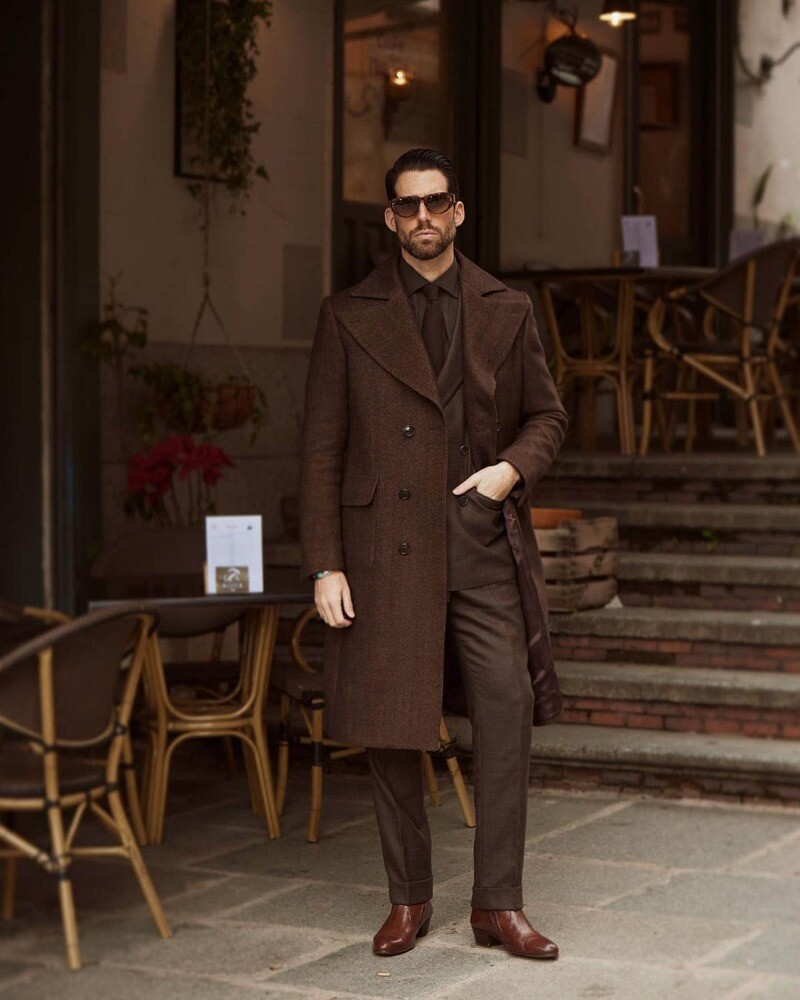 Winter Woolen Brown Herringbone Overcoat Wide Wing Lapel