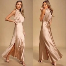 Lulus Classic Elegance Blush Satin Sleeveless Mock Neck Dress