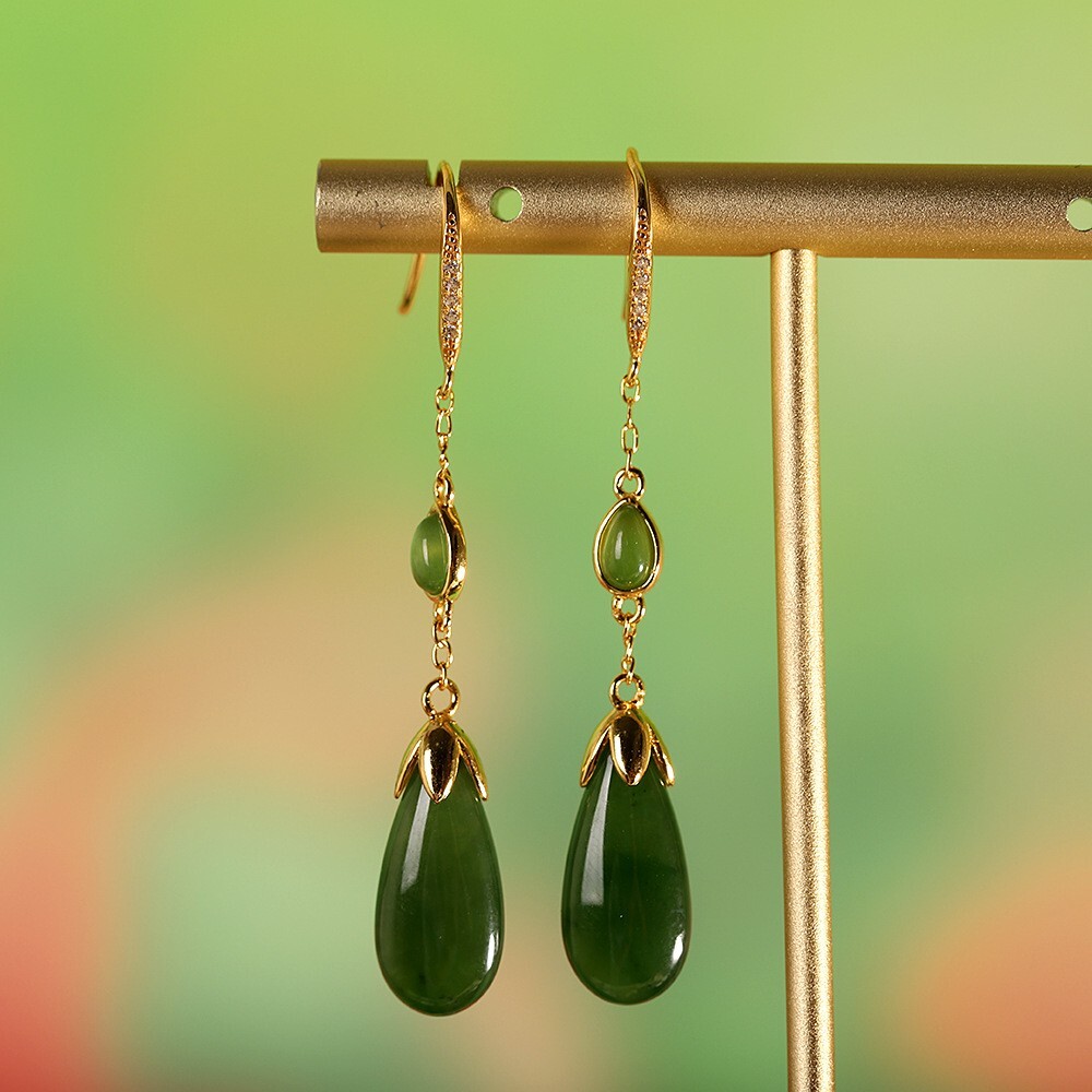 I03 Earring Two Drops of Green Jade Sterling Silver 925 Gold