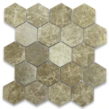 F33XP Emperador Light Brown Marble 3 inch Hexagon Mosaic Tile Polished