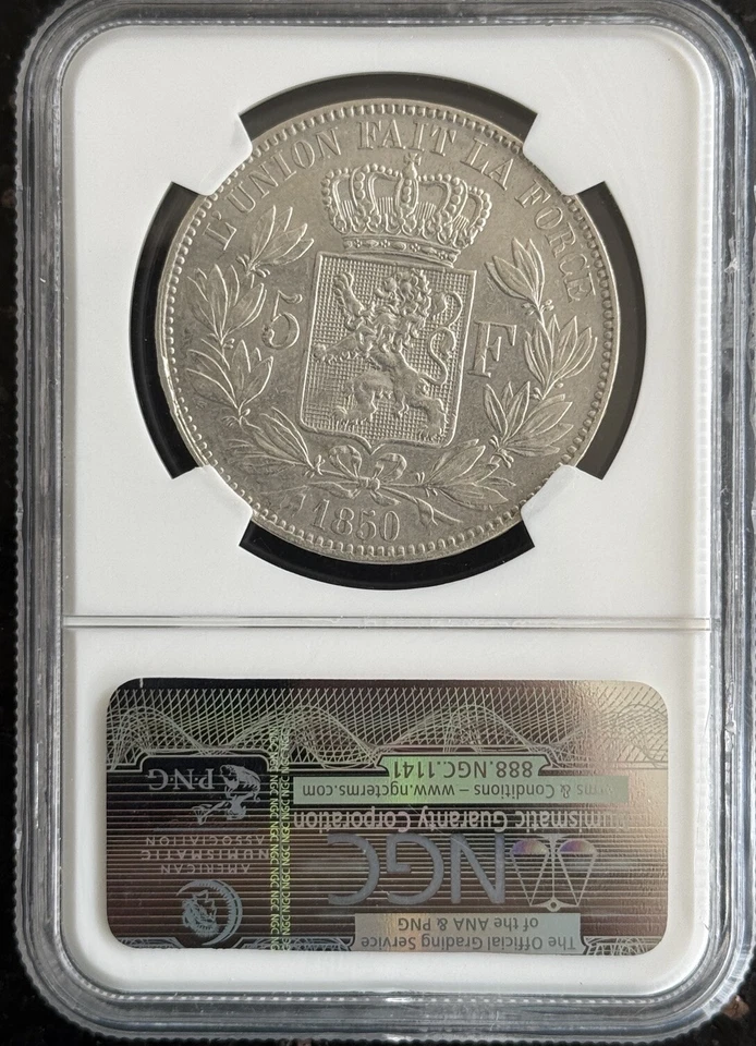 1850 BELGIUM SILVER 5 FRANCS 5F KING LEOPOLD NGC XF 45 NO DOT ABOVE DATE SCARCE - Image 4 of 4