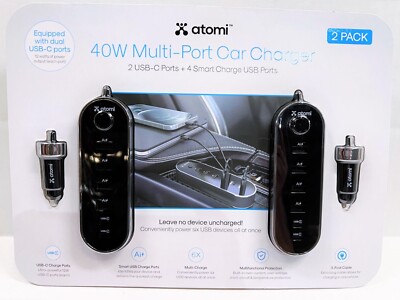 **2 PACK* Atomi 40W Multi-Port Car Charger 2 USB-C Ports + 4 Smart USB Ports NEW