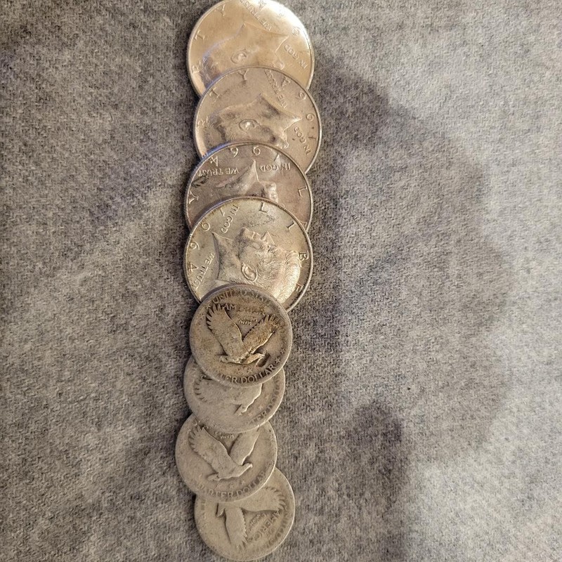 4 Kennedy Half Dollars and 4 Standing Liberty Quarters Scrap Lot 90% Silver