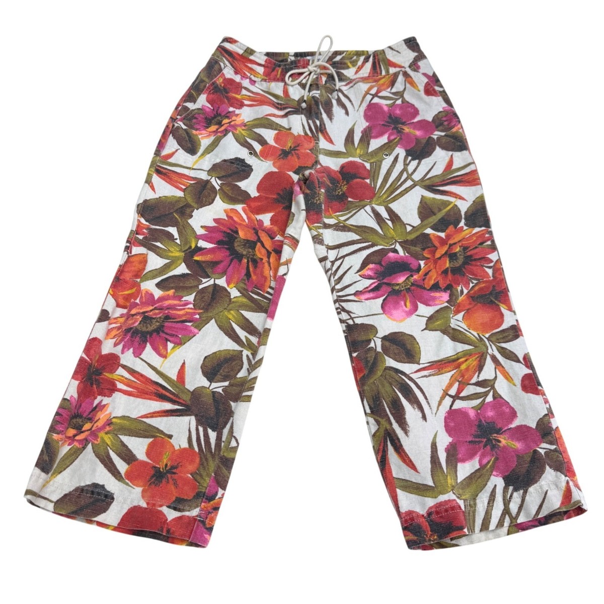 Chico's Women's Tropical Floral Print Linen Blend Cropped Pants