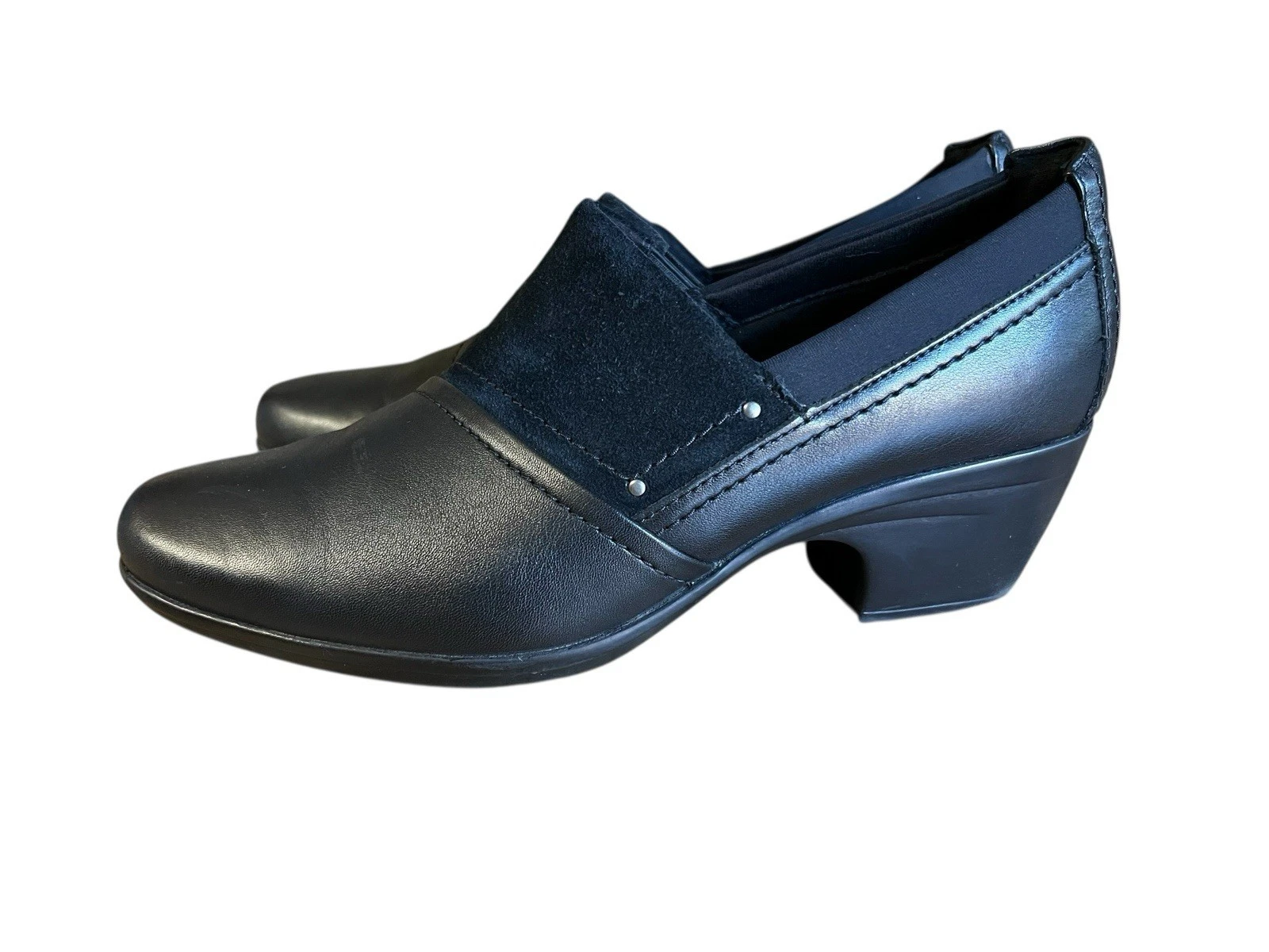 Mocassini CLARKS in pelle nera Emily US 9M tacco a blocco scarpe comode slip on