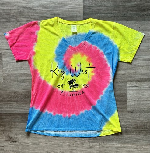 Key West Florida Tie Dye V-Neck Graphic T-Shirt Women's Size XL Tourist Souvenir
