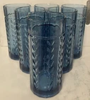 Set Of 6 Vintage Blue Vertical Laurel Anchor Hocking Glass Tumblers 14oz