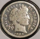 Silver Dime - Barber - 1905-O (Tarnished after bright, rough cleaning)