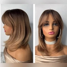 Balayage Medium Blonde Layered Short Wig - Side Bangs Classic wig cap for women