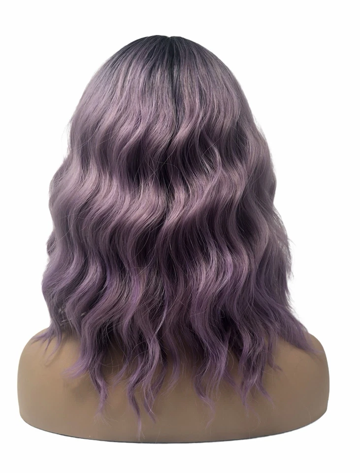 Peluca para mujer Ombre púrpura corta ondulada con flequillo hasta los hombros disfraces fiesta Foto 2 de 4