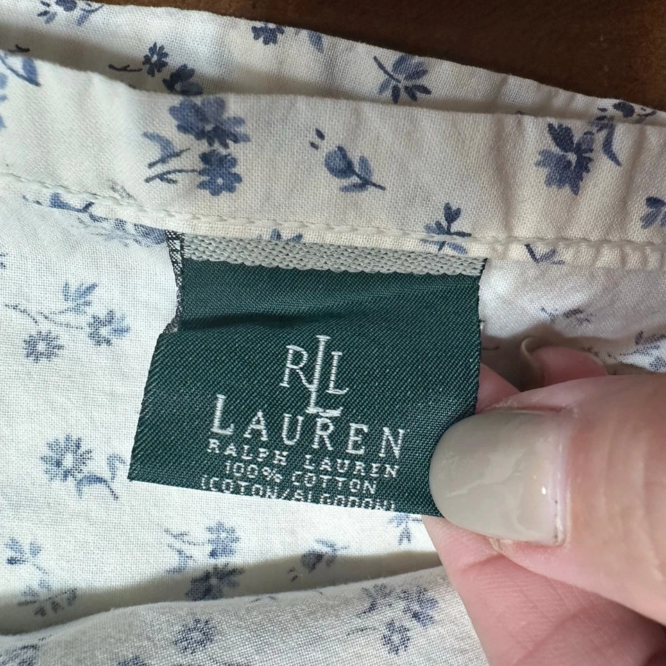 Ralph Lauren Algodón Azul Floral Borde Volantes Sábana Plana Doble Cottagecore Foto 3 de 4