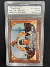 TOM BREWER 1955 BOWMAN BASEBALL #178 - PSA/DNA CERTIFIED AUTO - RED SOX - *4936