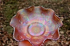 ANTIQUE FENTON DRAGON AND STRAWBERRY CARNIVAL GLASS RUFFLED BOWL - MARIGOLD