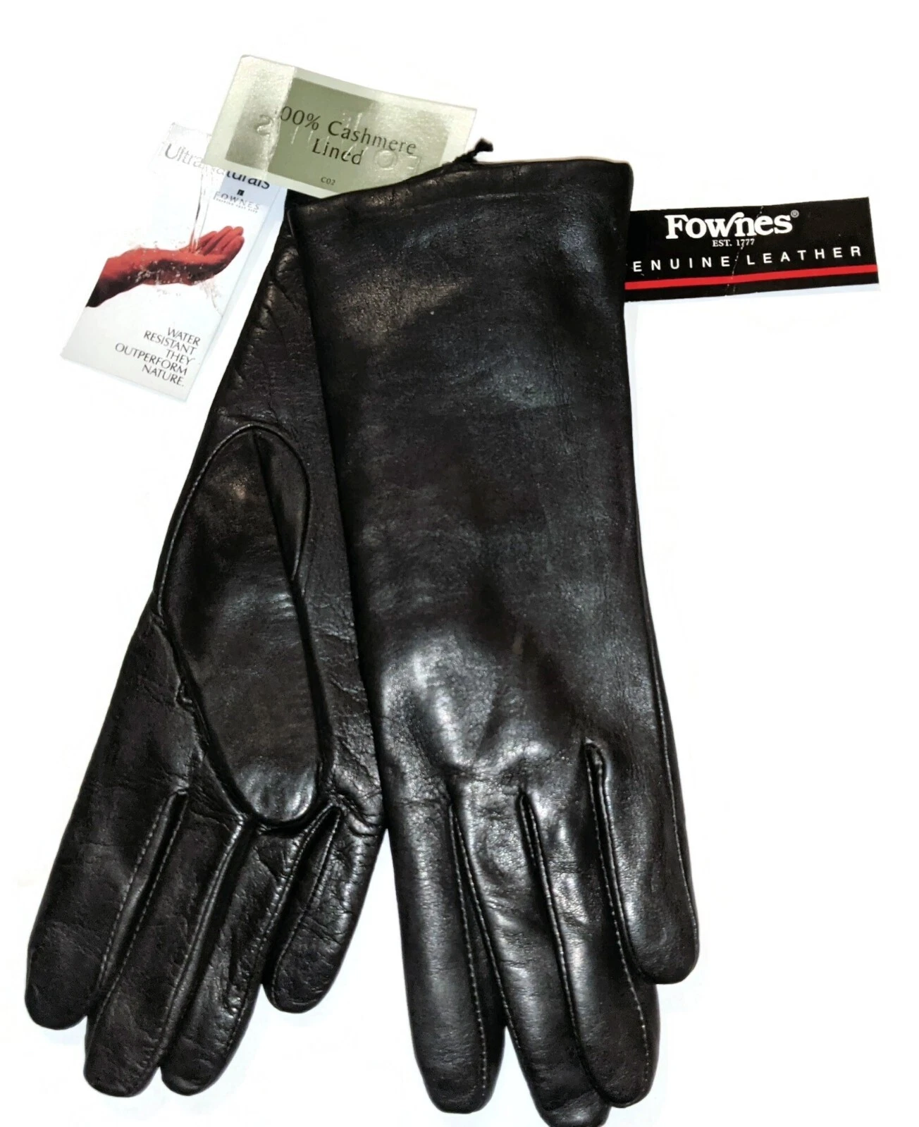 Fownes Ultra Naturals 100% Cashmere Lined Leather Gloves.Blk, Large, New.