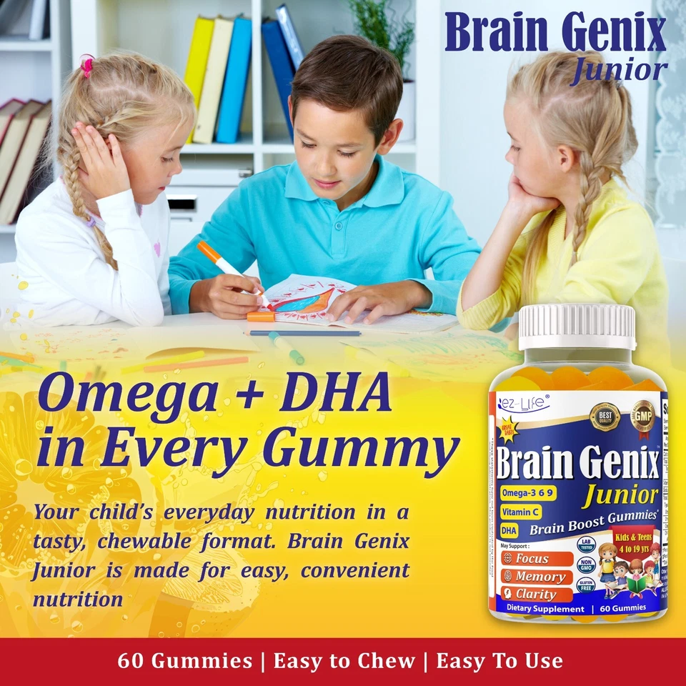 Gomas de foco infantil ômega 3 suporte cerebral e vitaminas de memória para crianças e adolescentes - 60 ct - Imagem 3 de 4