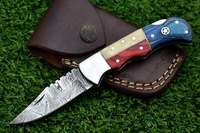7'' Damascus steel Texas Handle folding knife with Leather sheath-1920