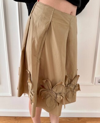 PRADA / スカート/38/コットン/APD1 2010 5946 Vintage Prada Pleated Runway Brown Skirt Applique Flowers Size 36