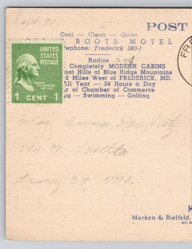 Vintage Postcard 1951 Billy Boots Motel Route 40A West of Frederick Maryland - 第 5/14 張圖片