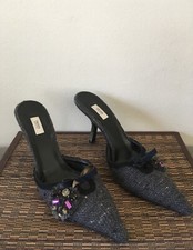 Prada Tweed Mules 3" Heels with Jeweled Ornament and Navy Bow Size US 7 Italy 37