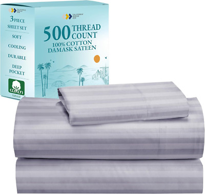 Luxury Twin XL Cotton Cooling Sheet Set, 500 Thread Count, Lavender Stripe