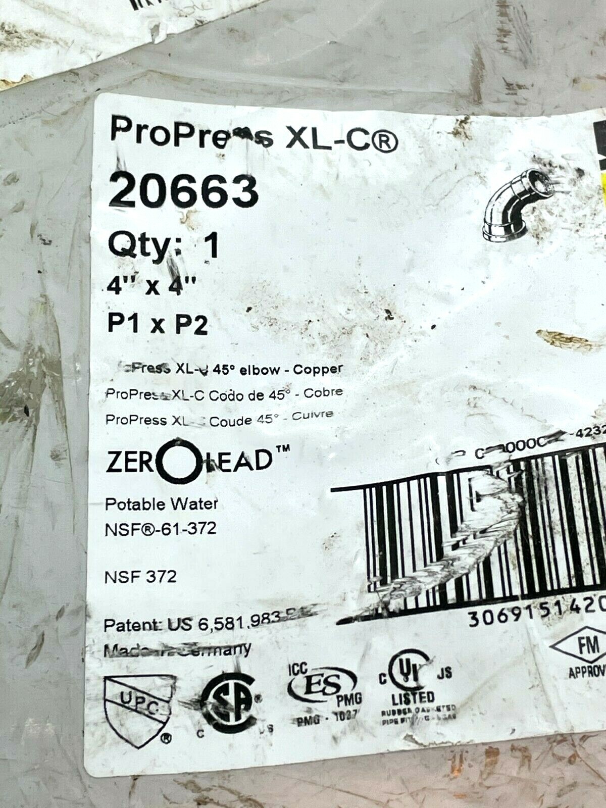 Viega 20663 Viega Propress XL-C 45 Elbow P1 X P2, 4" X 4" Free Expedited Shippin