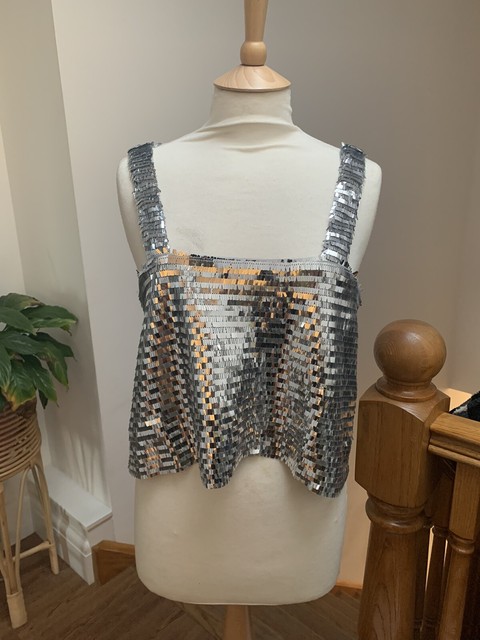New Zara Silver Sequin Embellished Cami Crop Top Medium | eBay