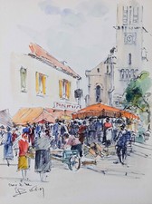 Etienne GAUDET - Peinture originale - Aquarelle - Marché de St-Gilles