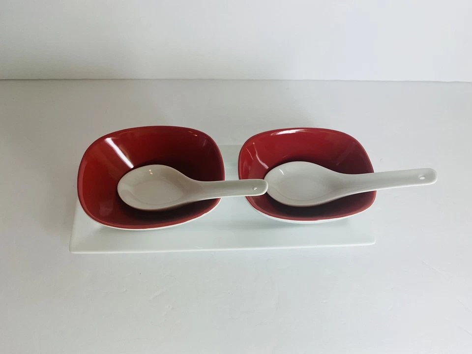 Pier 1 Imports Soup Set Of 2 Bowls Asian Spoons Tasting Party Plate Red White - Image 2 of 4