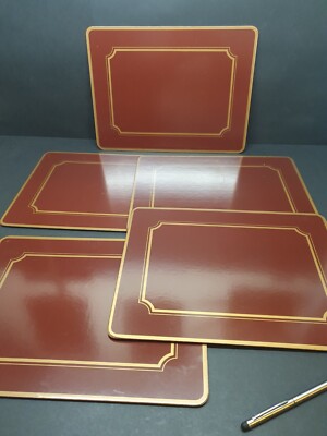 5er Set Vintage gebrauchte laminierte braune Kork Untersetzer - goldfarbene Rechtecke - 