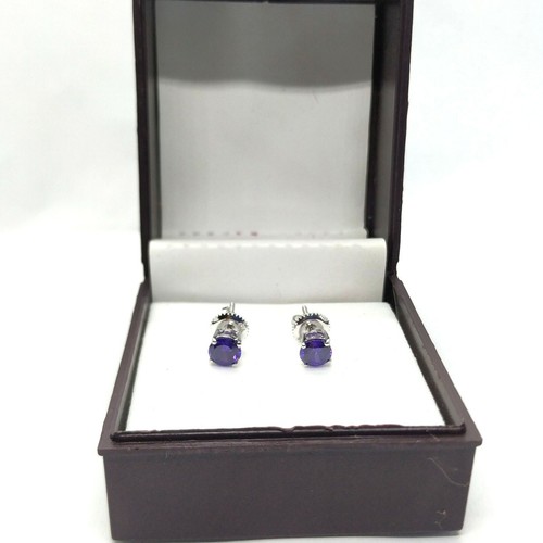 1CT SIMULATED TANZANITE STUD EARRINGS 14K WHITE GOLD Plated ROUND SCREW BACK 5MM - Picture 5 of 9