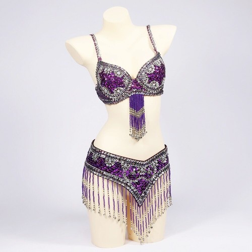 Women Sequins Beaded Tassel Belly Dance Costume Bra+Belt 2pcs Dancing Outfits