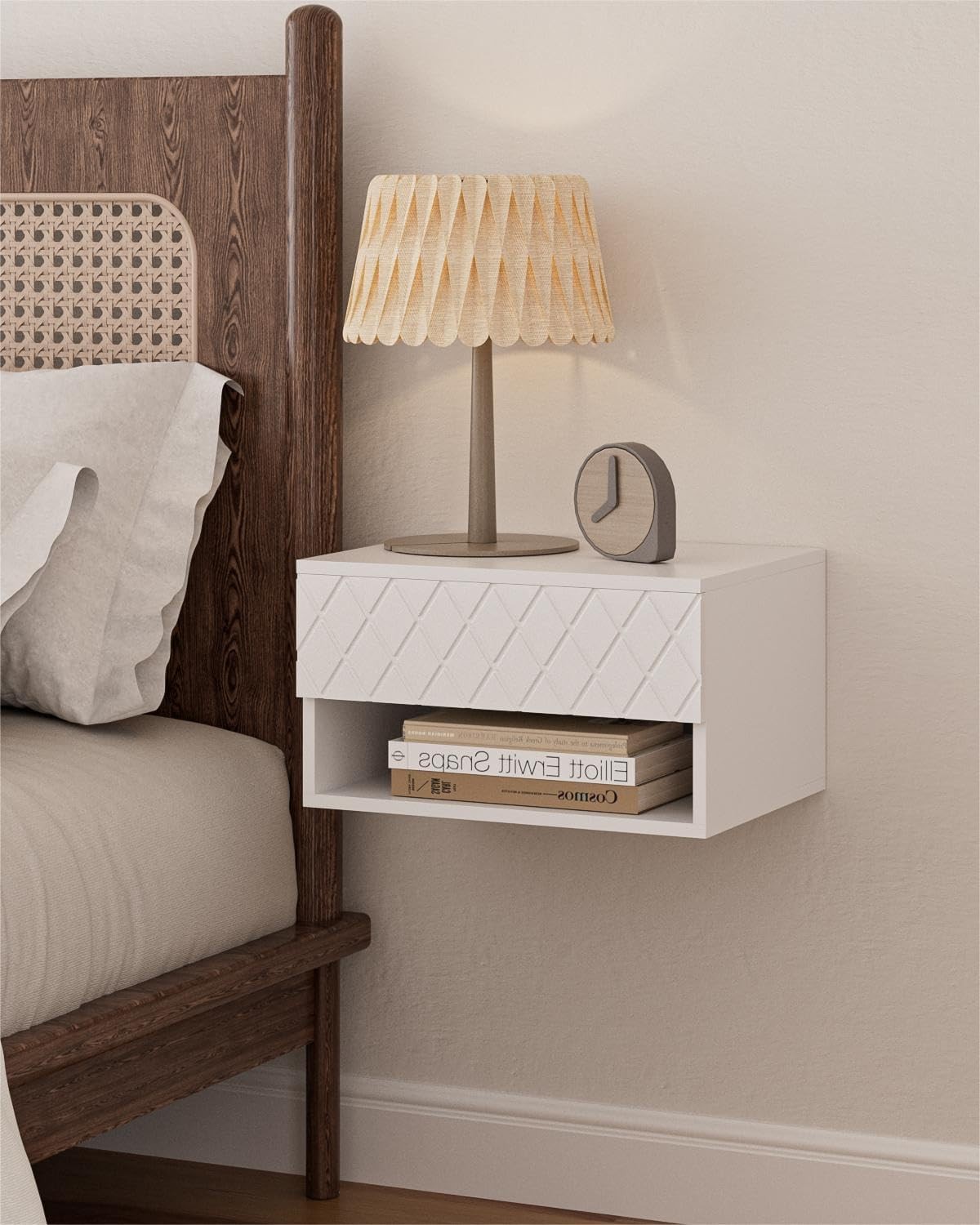 Modern Floating Nightstand with White Diamond Design for Small Spaces