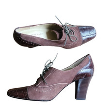 Vintage 30s Style Brown Suede Shoes Lace Up Oxford Heels Anne Klein 6.5