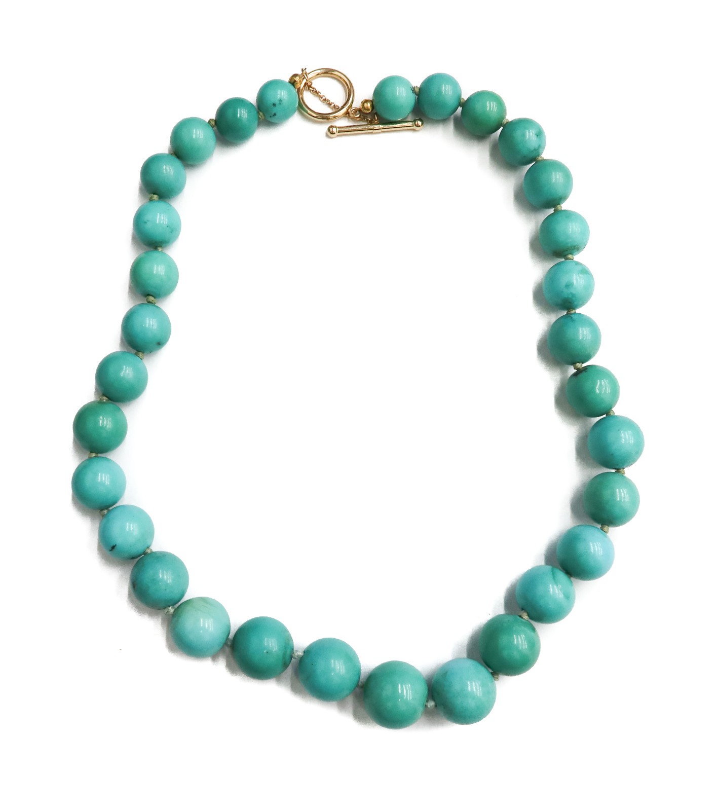 14k Yellow Gold and Graduated Turquoise Beaded Single Strand Necklace