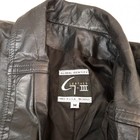 Black leather trench coat with shoulder pads, size M, Global Identity label on inner collar.
