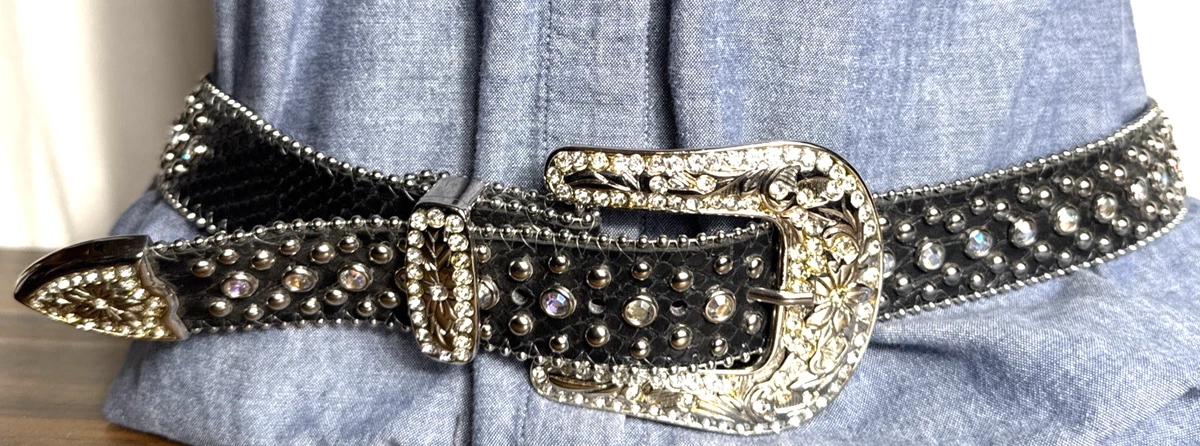 Vtg 90s Nocona Studded Black Belt Silver Buckle Rhinestone Medallion Size Large Nocona Rhinestone Belts for Women for sale | eBay main image 4